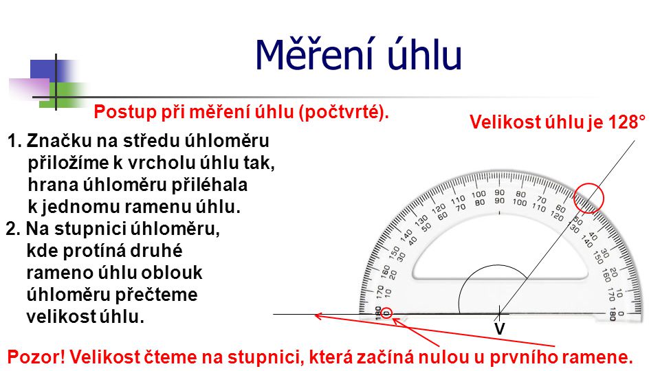 Měření úhlu Postup při měření úhlu (počtvrté). Velikost úhlu je 128°