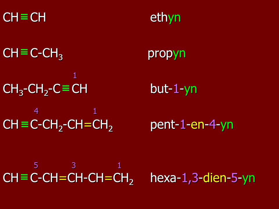 CH CH ethyn CH C-CH3 propyn. 1. CH3-CH2-C CH but-1-yn CH C-CH2-CH=CH2 pent-1-en-4-yn.