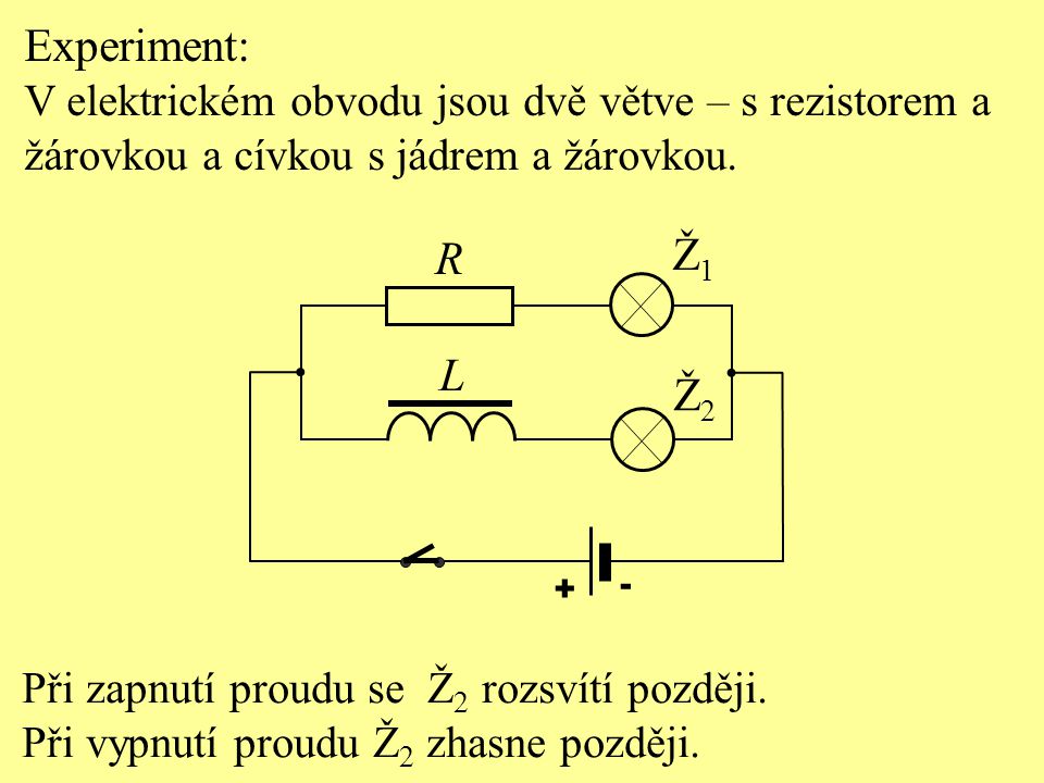Experiment: V elektrickém obvodu jsou dvě větve – s rezistorem a. žárovkou a cívkou s jádrem a žárovkou.