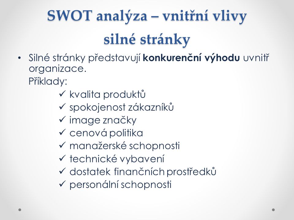 SWOT analýza – vnitřní vlivy silné stránky