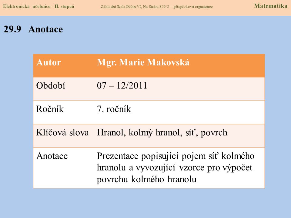 29.9 Anotace Autor Mgr. Marie Makovská Období 07 – 12/2011 Ročník