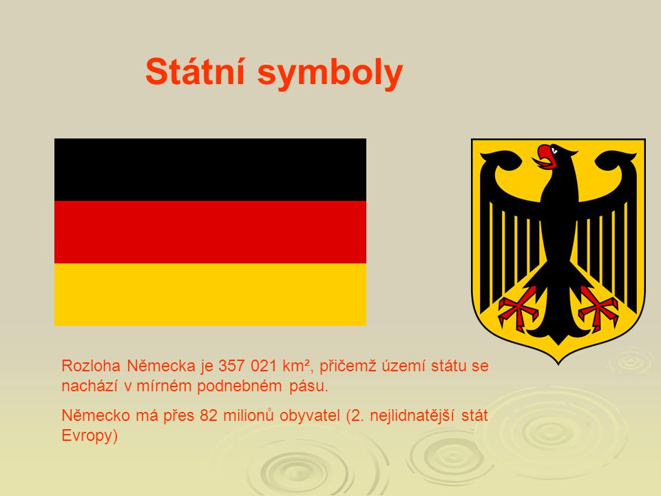 Státní symboly Rozloha Německa je km², přičemž území státu se nachází v mírném podnebném pásu.
