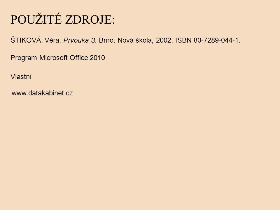 POUŽITÉ ZDROJE: ŠTIKOVÁ, Věra. Prvouka 3. Brno: Nová škola, ISBN Program Microsoft Office