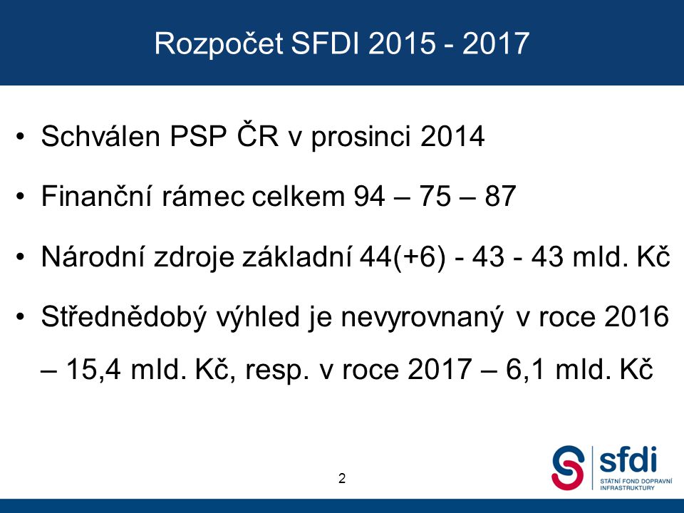 Rozpočet SFDI Schválen PSP ČR v prosinci 2014