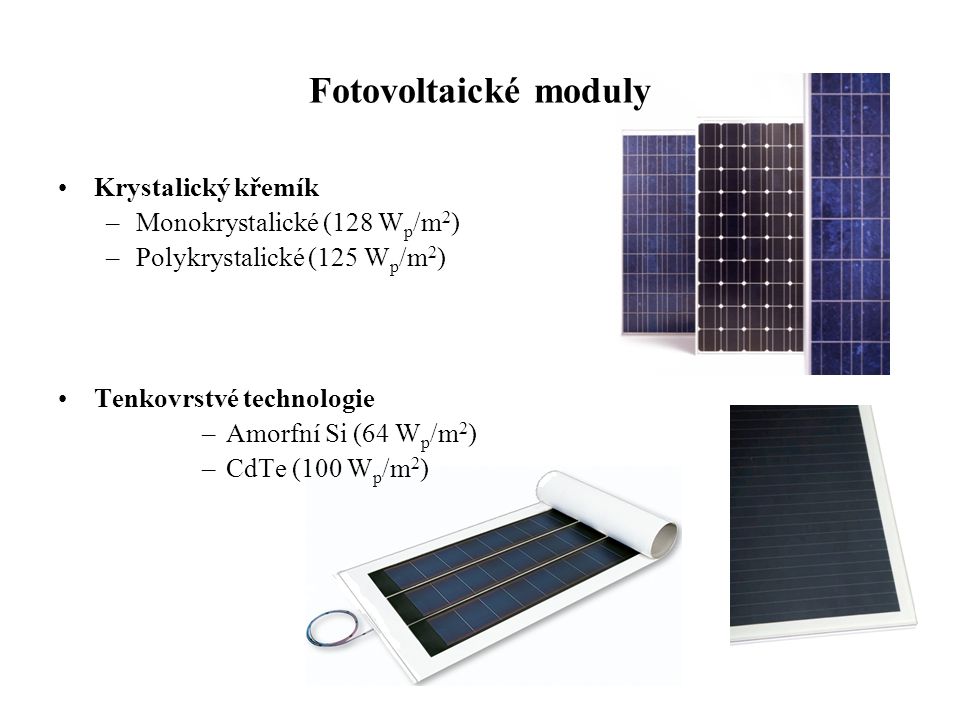 Fotovoltaické moduly Krystalický křemík Monokrystalické (128 Wp/m2)