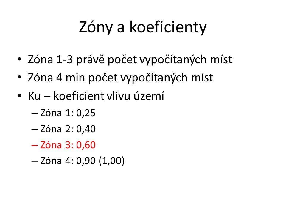 Zóny a koeficienty Zóna 1-3 právě počet vypočítaných míst