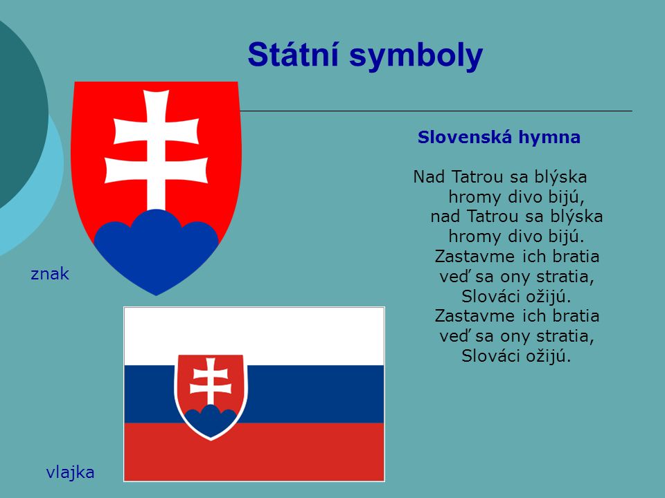 Státní symboly Slovenská hymna Nad Tatrou sa blýska hromy divo bijú,