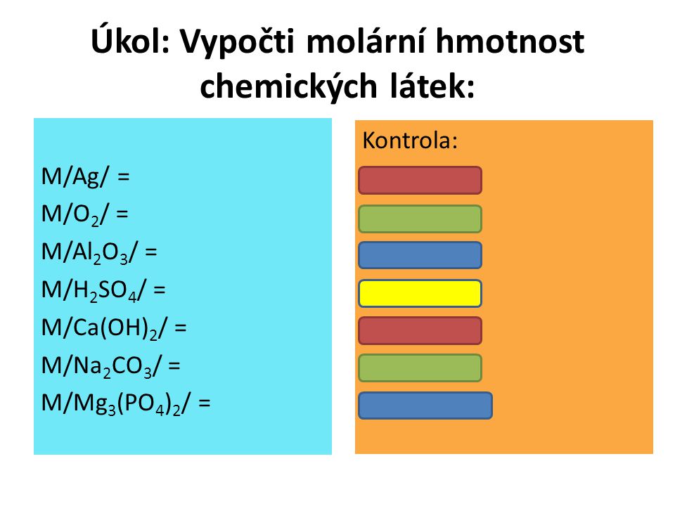 Úkol: Vypočti molární hmotnost chemických látek: