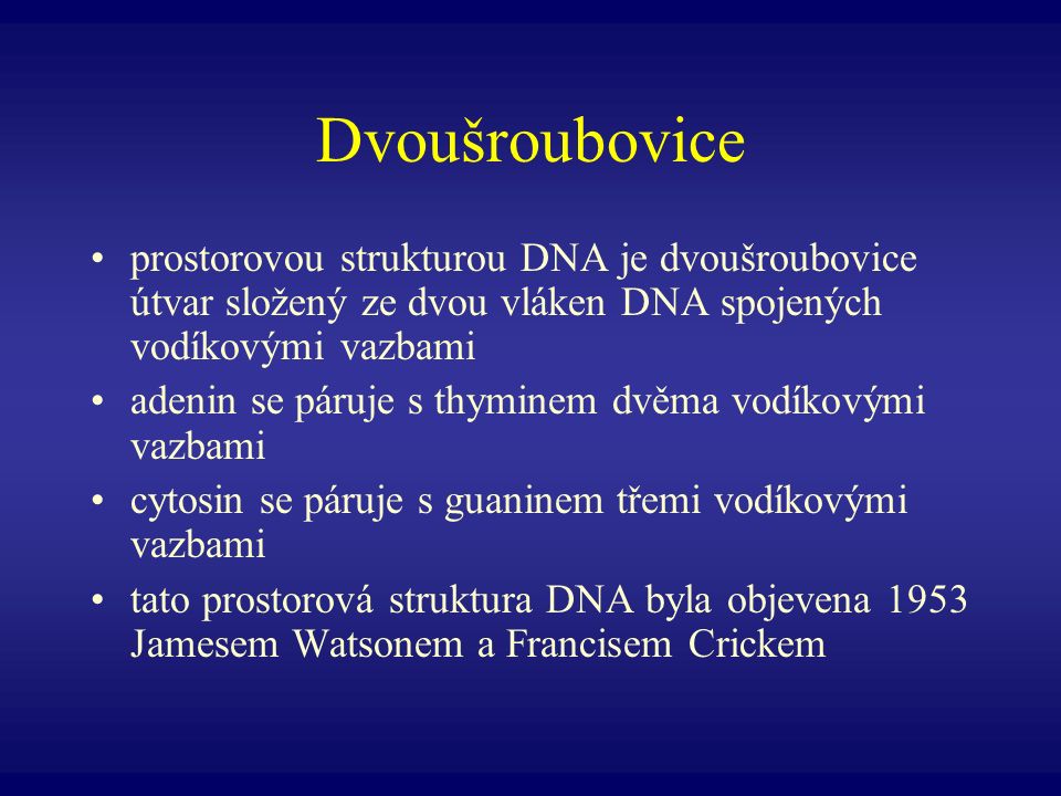 Dvoušroubovice prostorovou strukturou DNA je dvoušroubovice útvar složený ze dvou vláken DNA spojených vodíkovými vazbami.