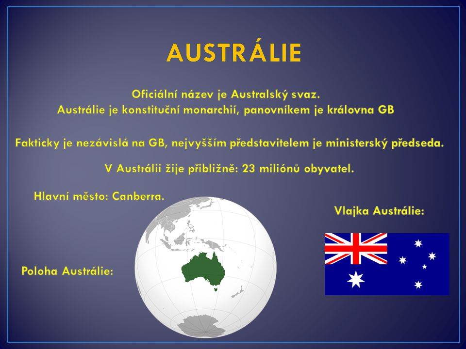 AUSTRÁLIE Oficiální název je Australský svaz.