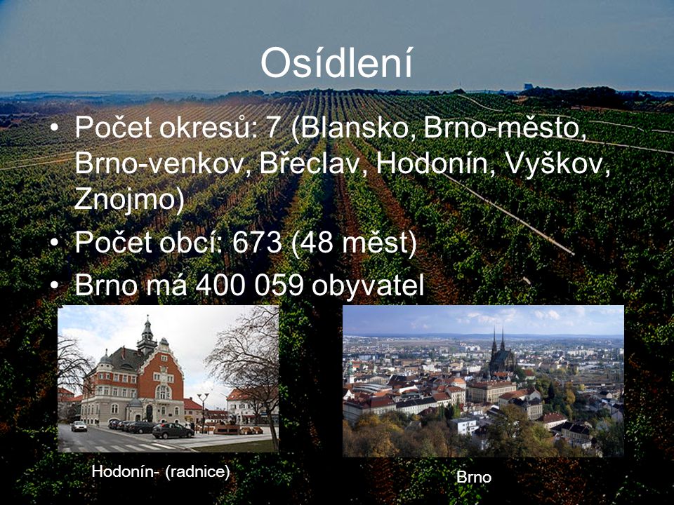 Osídlení Počet okresů: 7 (Blansko, Brno-město, Brno-venkov, Břeclav, Hodonín, Vyškov, Znojmo) Počet obcí: 673 (48 měst)